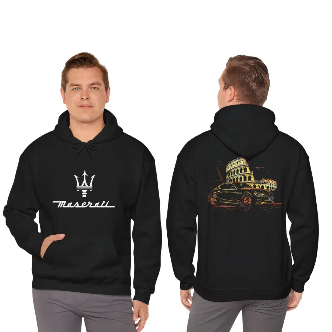 Iconic Elegance: Black Maserati Ghibli Hoodie at the Colosseum - Black Threadz