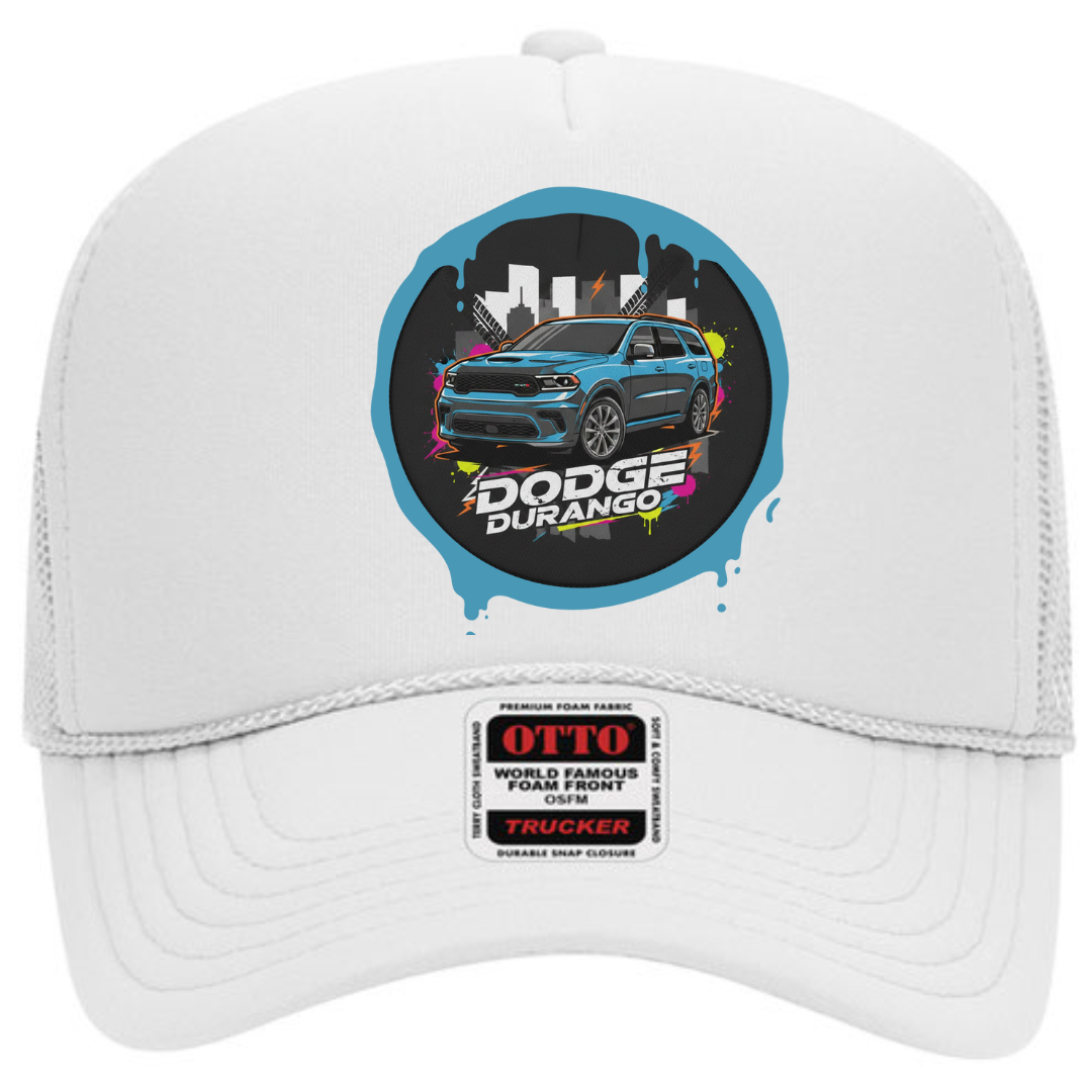 Front view of Dodge Durango Trucker Snapback Hat with adjustable mesh back