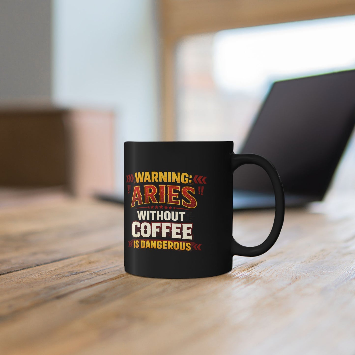 Coffee Warning Mug – “Warning: Aries Without Coffee Is Dangerous” Black Ceramic Coffee Cup