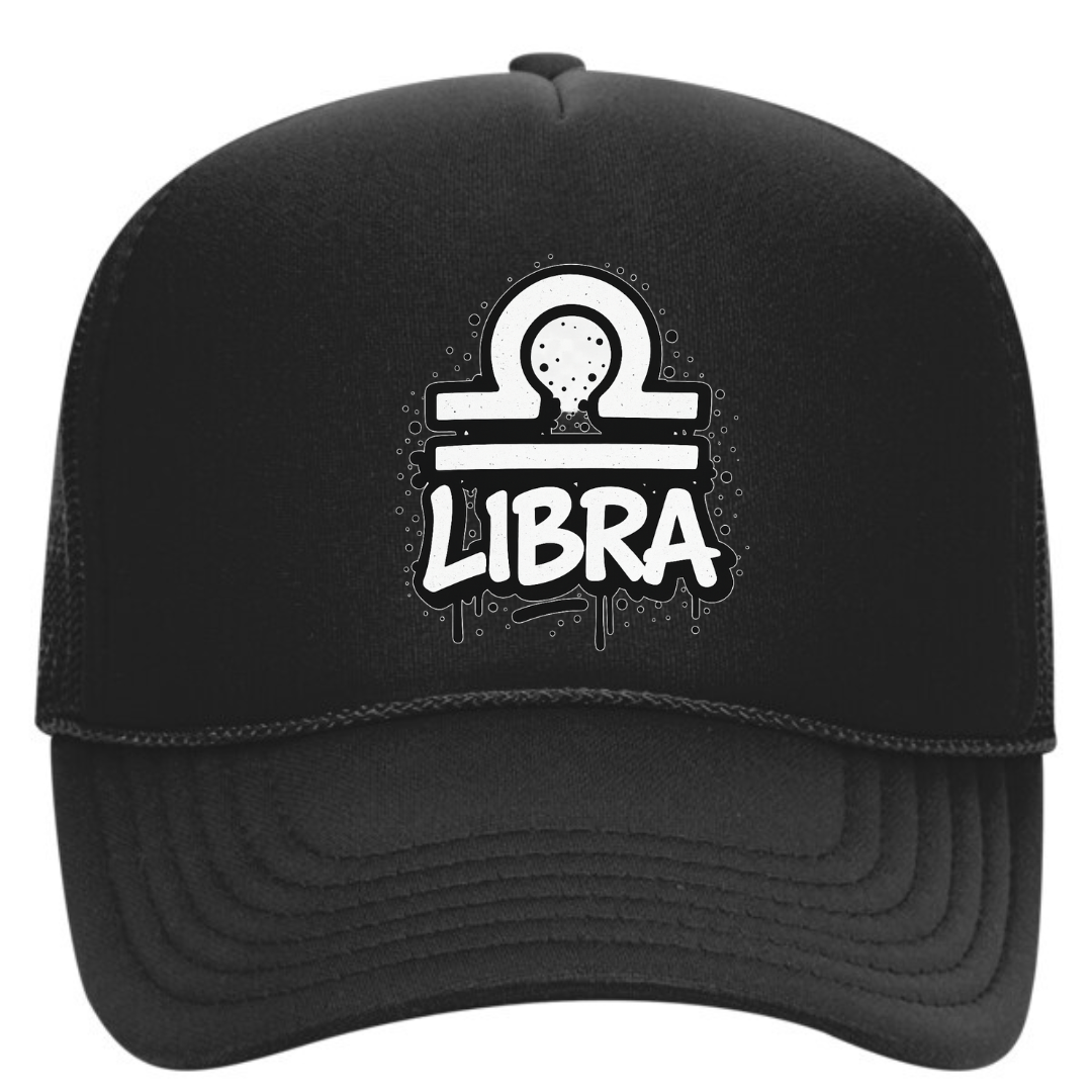 Black cap with Libra zodiac symbol and text on a white background