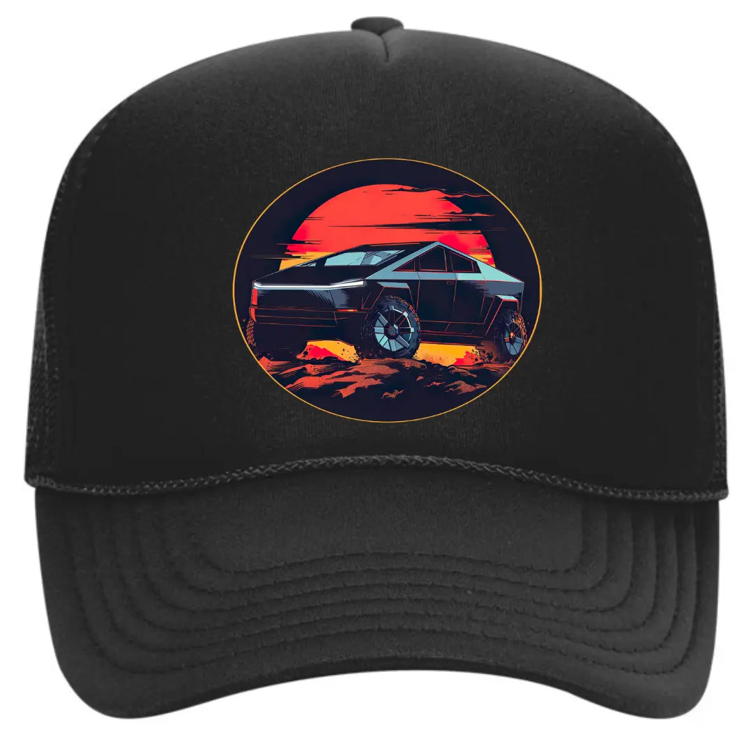 Tesla Cybertruck Black Trucker Hat - Futuristic Auto Enthusiast Edition - Black Threadz
