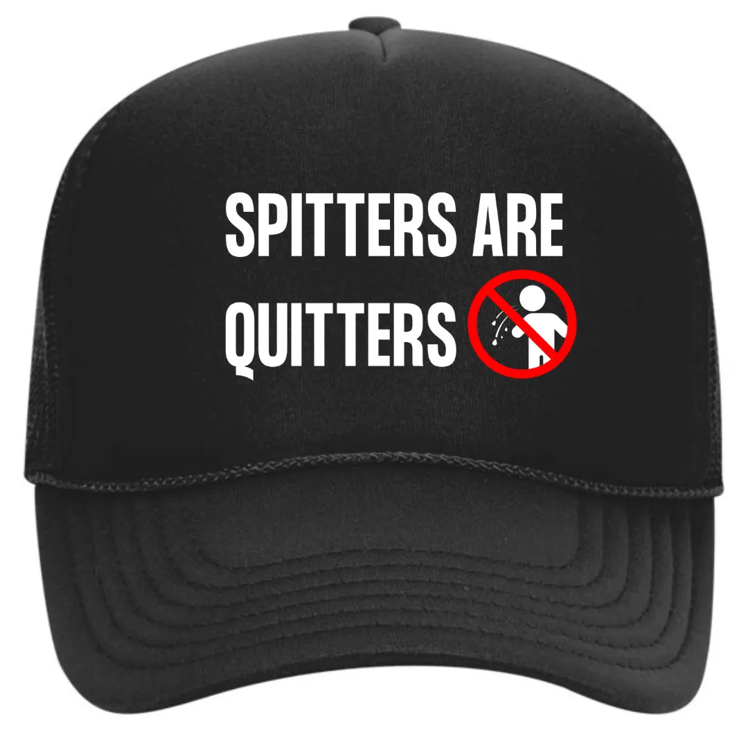 Bold Black Trucker Hat Spitters Are Quitters – Premium Mesh Back Cap for Fun-Loving Adults - Black Threadz