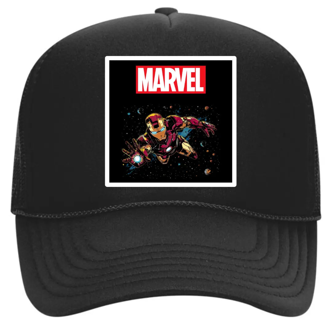 Iron Man in Space Black Trucker Hat - Marvel Heroic Adventure Style - Black Threadz
