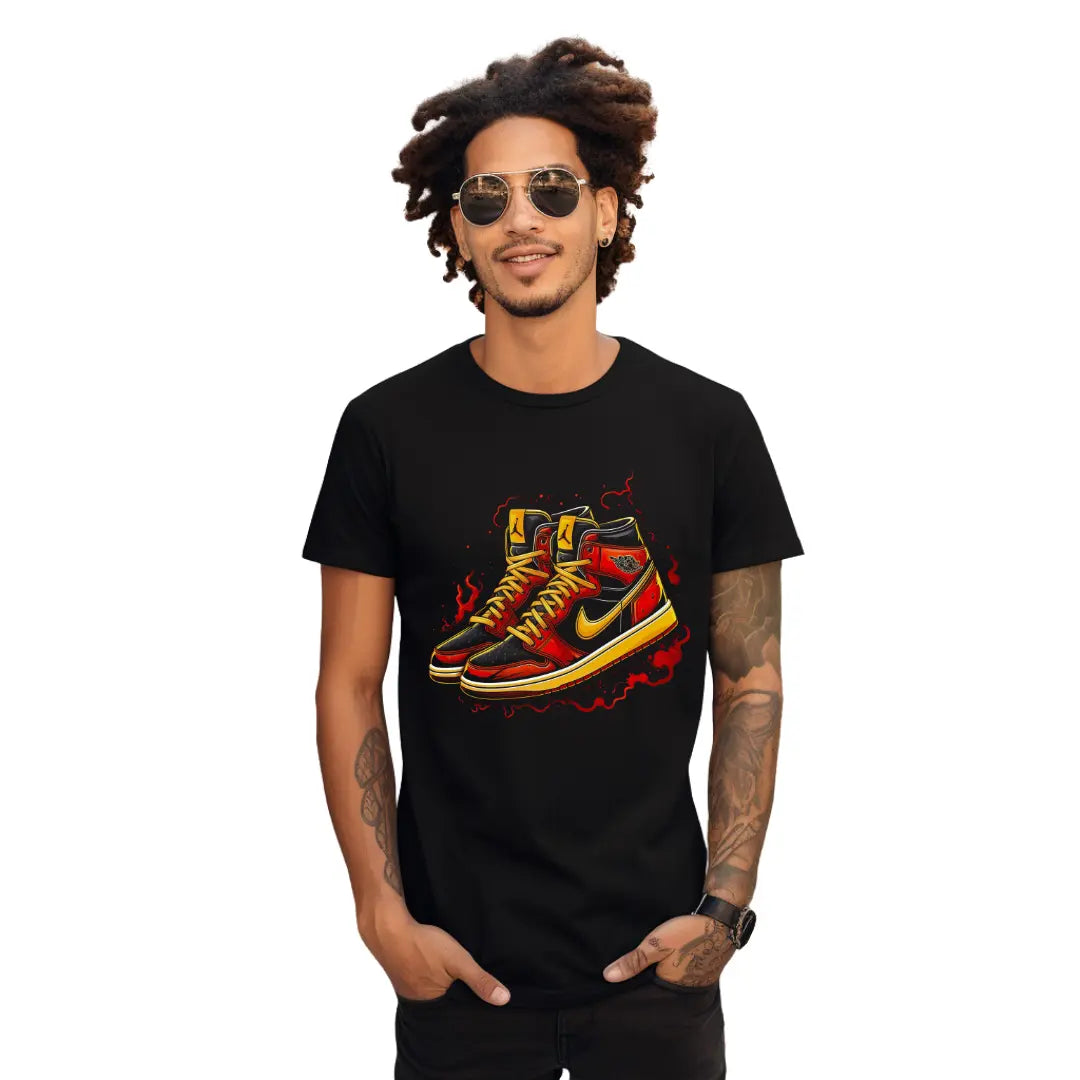 Retro Air Jordan Red, Gold & Black Sneaker T-Shirt: Fusion of Style and Iconic Design - Black Threadz