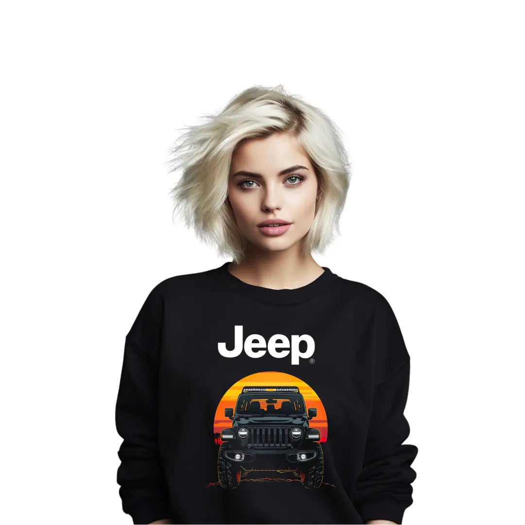 Wrangler Sunset Silhouette Sweatshirt - Premium Black Tee with Iconic Off-Road Vehicle Design - Black Threadz