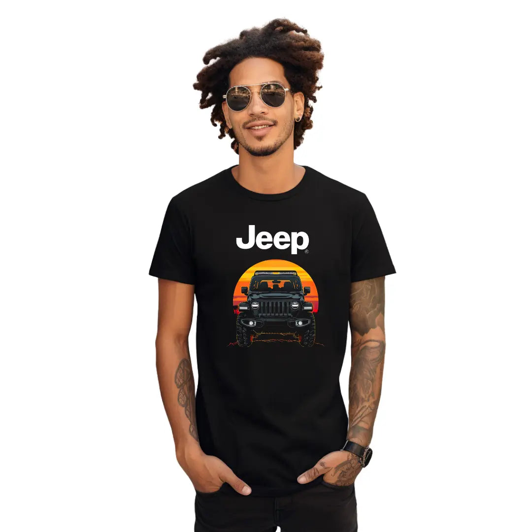 Wrangler Sunset Silhouette T-Shirt - Premium Black Tee with Iconic Off-Road Vehicle Design - Black Threadz