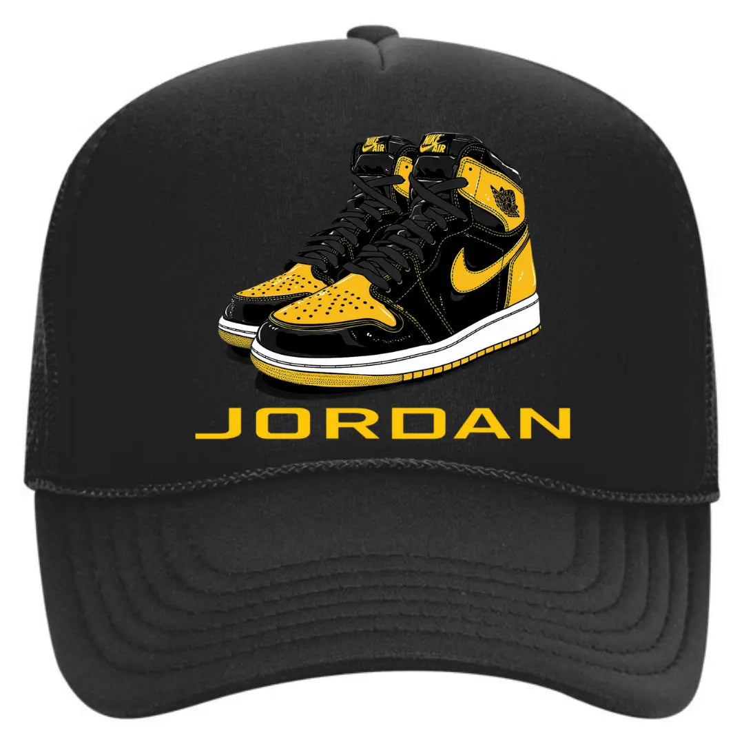Fly High in Style: Air Jordan Black Trucker Snapback Hat Yellow and Black - Black Threadz