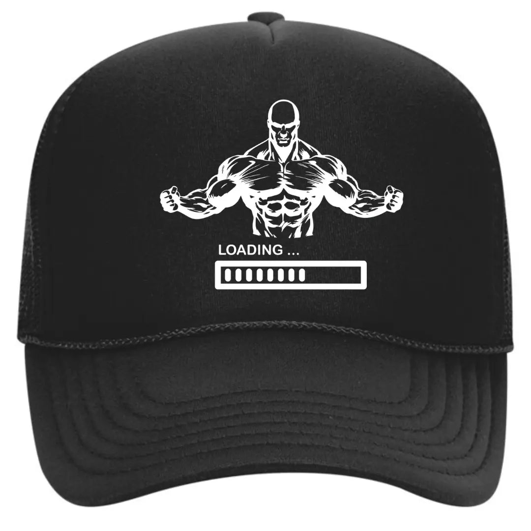 Premium Black Trucker Gym Fitness Hat with "Loading" and Muscular Body Design – Motivational Mesh Back Cap for Fitness Enthusiasts - Black Threadz