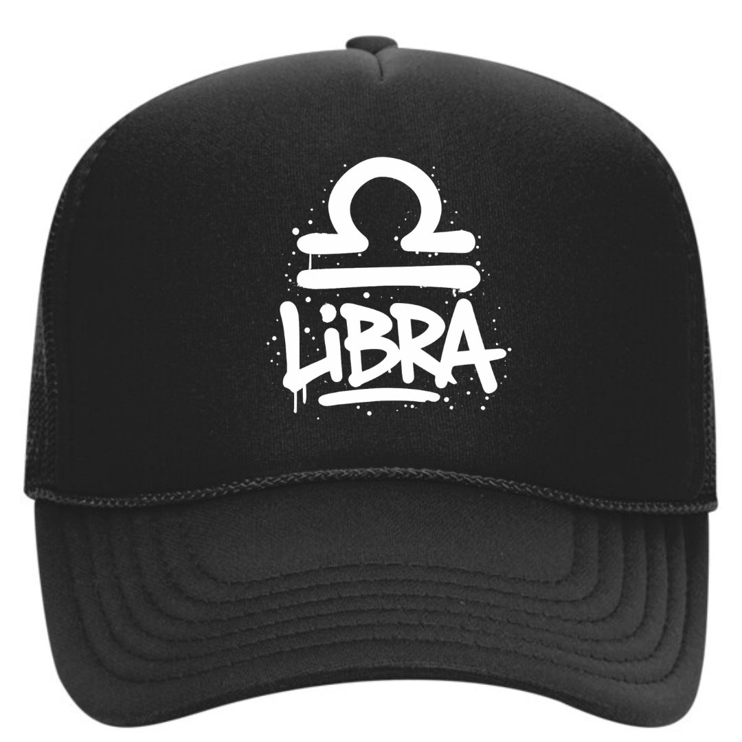 Black cap with white Libra zodiac symbol and text on a white background