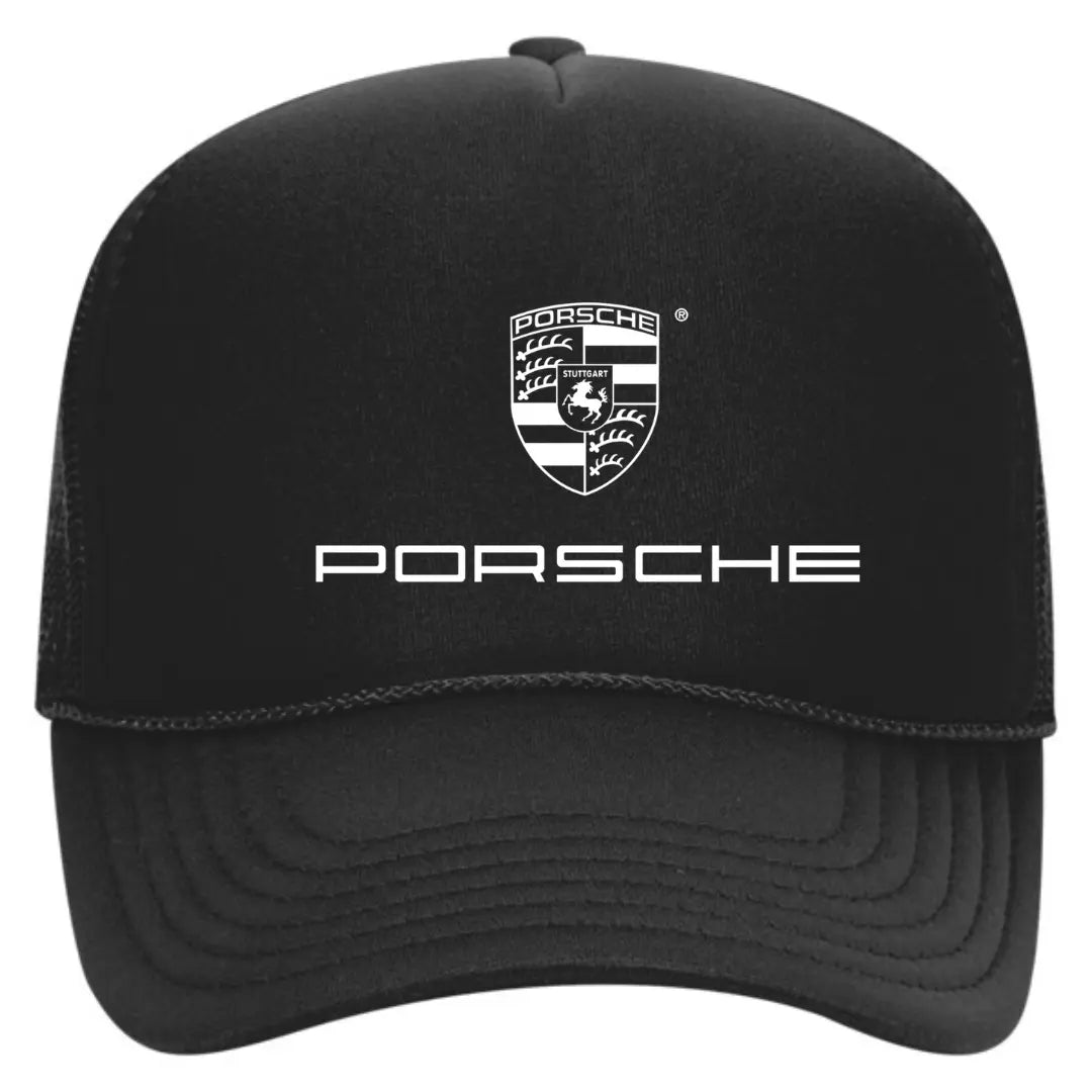 Speed and Style: Porsche Black Trucker Snapback Hat - Black Threadz