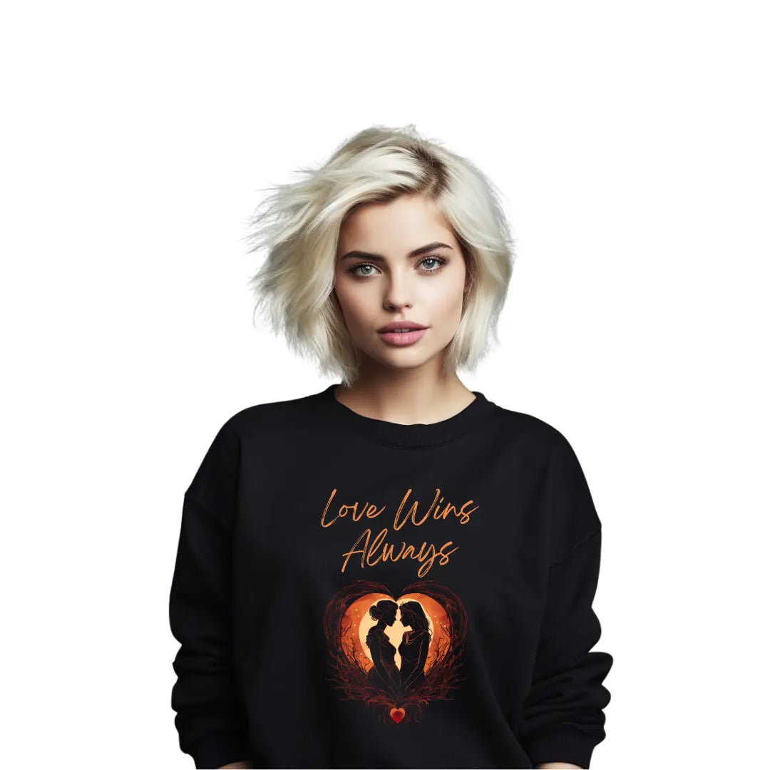 Love Always Wins: Lesbian Couple Valentine's Day Sweatshirt Celebrating Eternal Love - Black Threadz