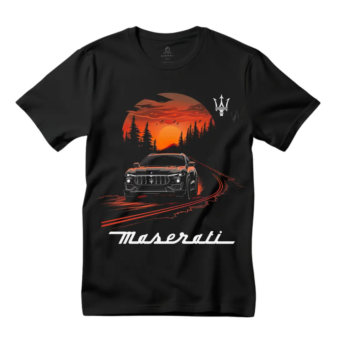 Sleek Style: Black Maserati Levante At Dusk Black T-Shirt - Black Threadz