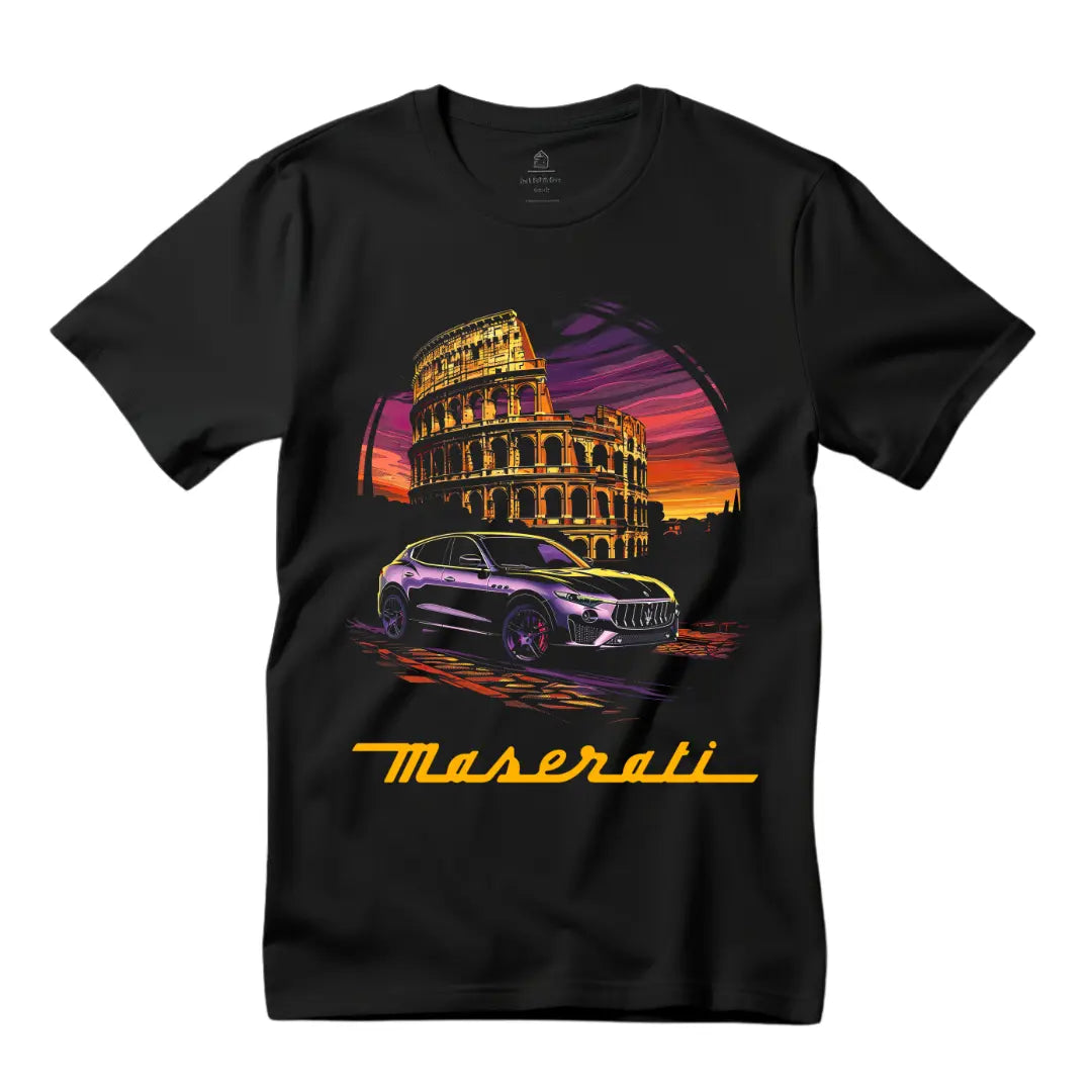 Iconic Elegance: Purple Maserati Colosseum Black T-Shirt - Black Threadz