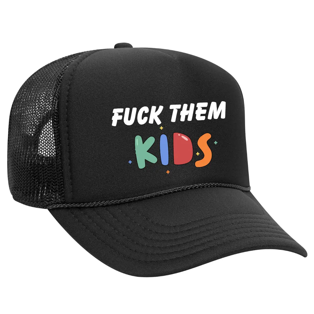 Bold Black Trucker Hat with F Them Kids – Premium Mesh Back Cap for Fun-Loving Adults - Black Threadz