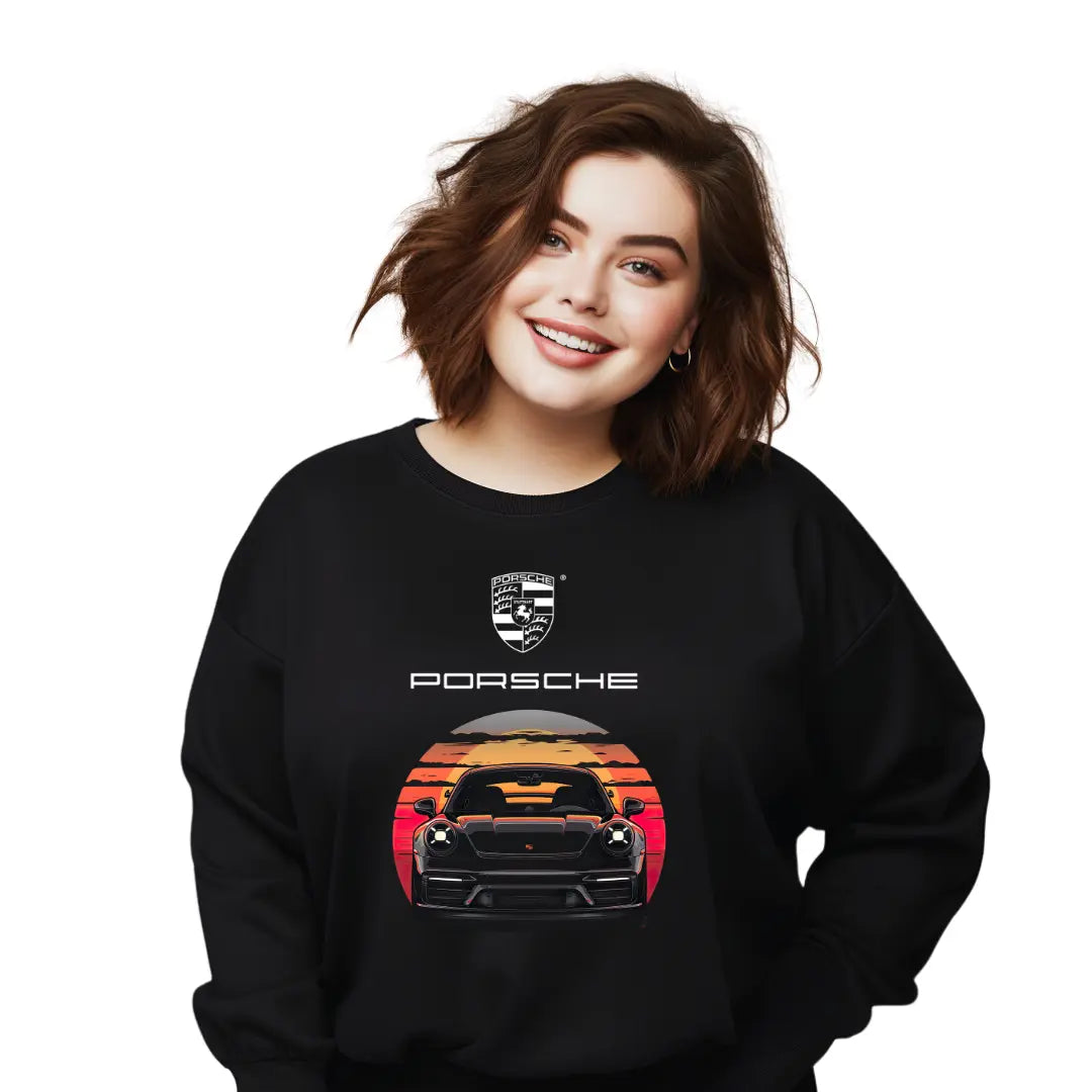 Porsche Sunset Silhouette Sweatshirt - Stylish Black Top with Luxury Design - Black Threadz