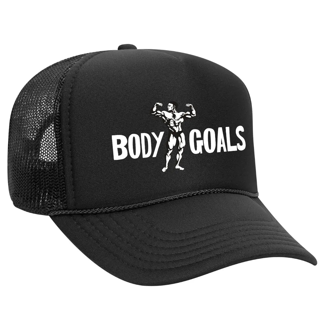 Stylish Black Trucker Gym Fitness Hat with "Body Goals" – Premium Mesh Back Cap for Workout Enthusiasts - Black Threadz