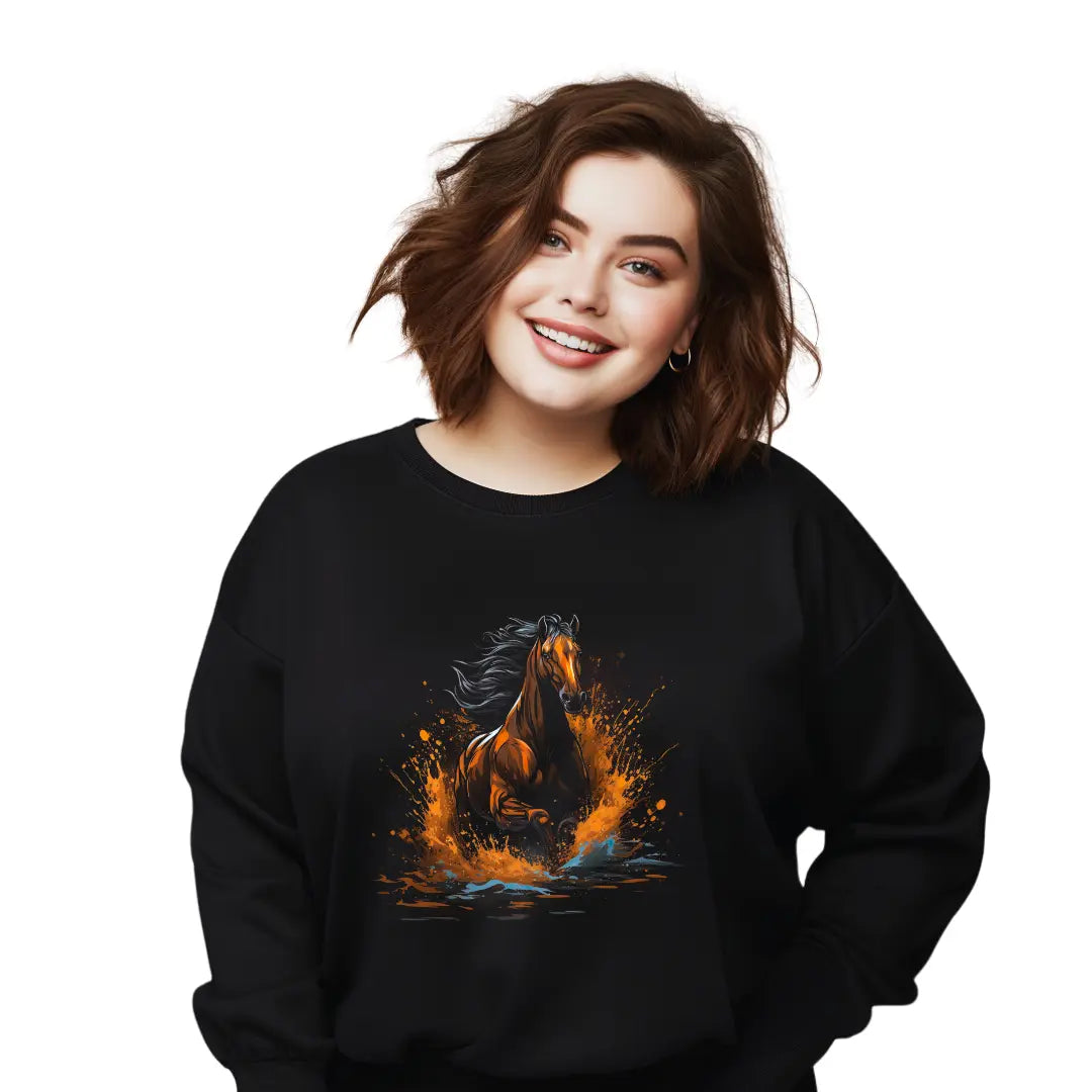 Horse Running Through Water Sweatshirt: Embrace Majestic Beauty in Motion - Black Threadz