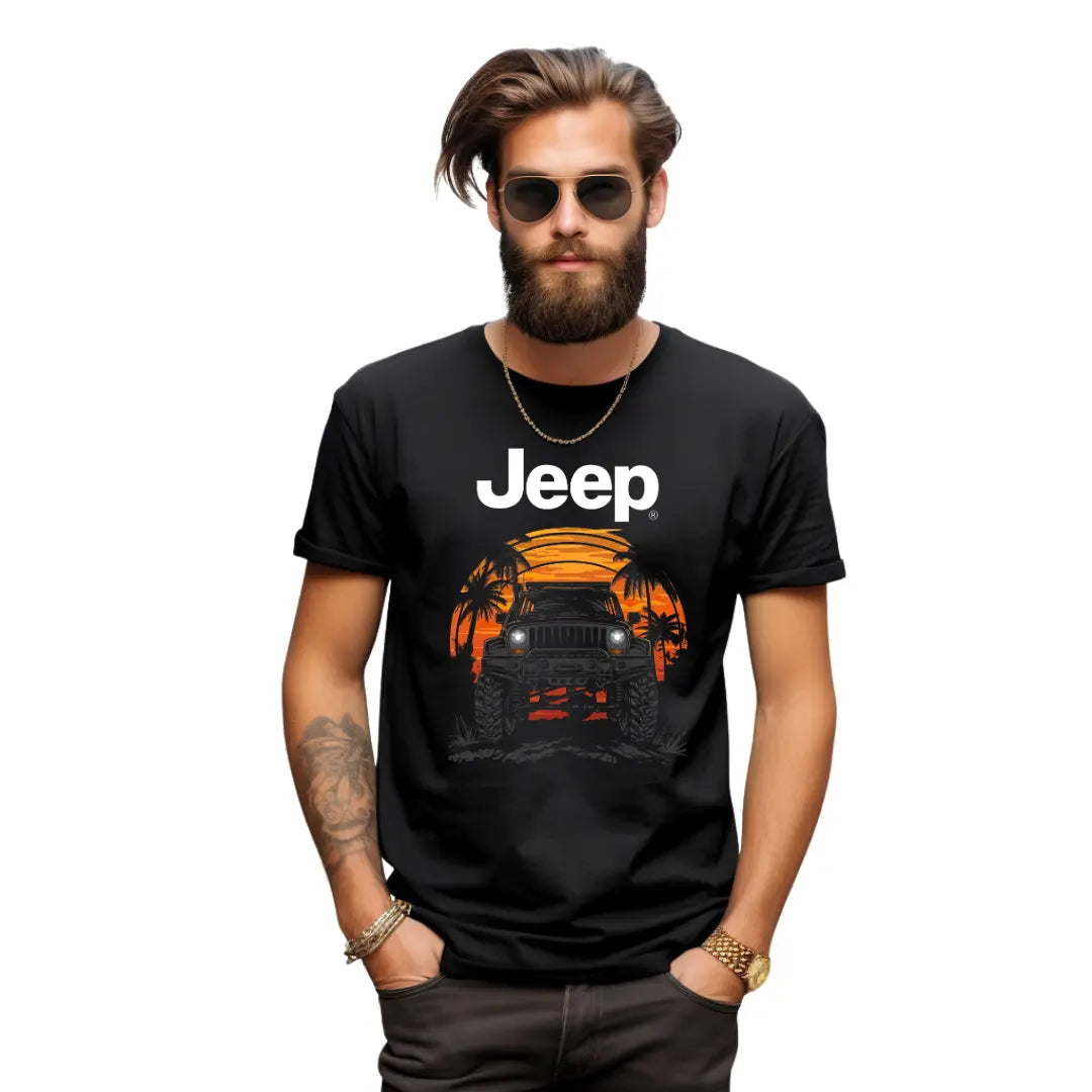 Lifted Wrangler Sunset Silhouette T-Shirt - Premium Black Tee with Iconic Off-Road Vehicle Design - Black Threadz