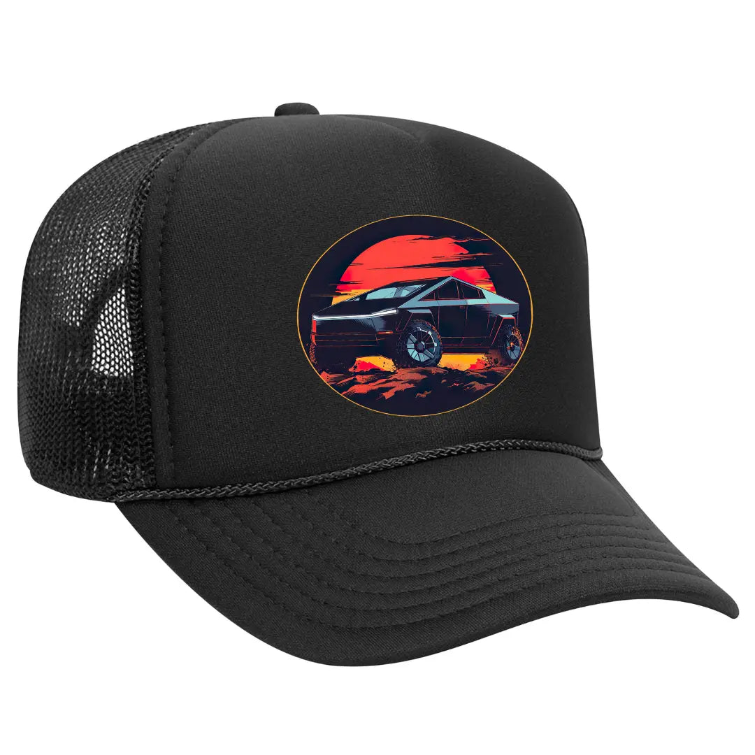 Tesla Cybertruck Black Trucker Hat - Futuristic Auto Enthusiast Edition - Black Threadz
