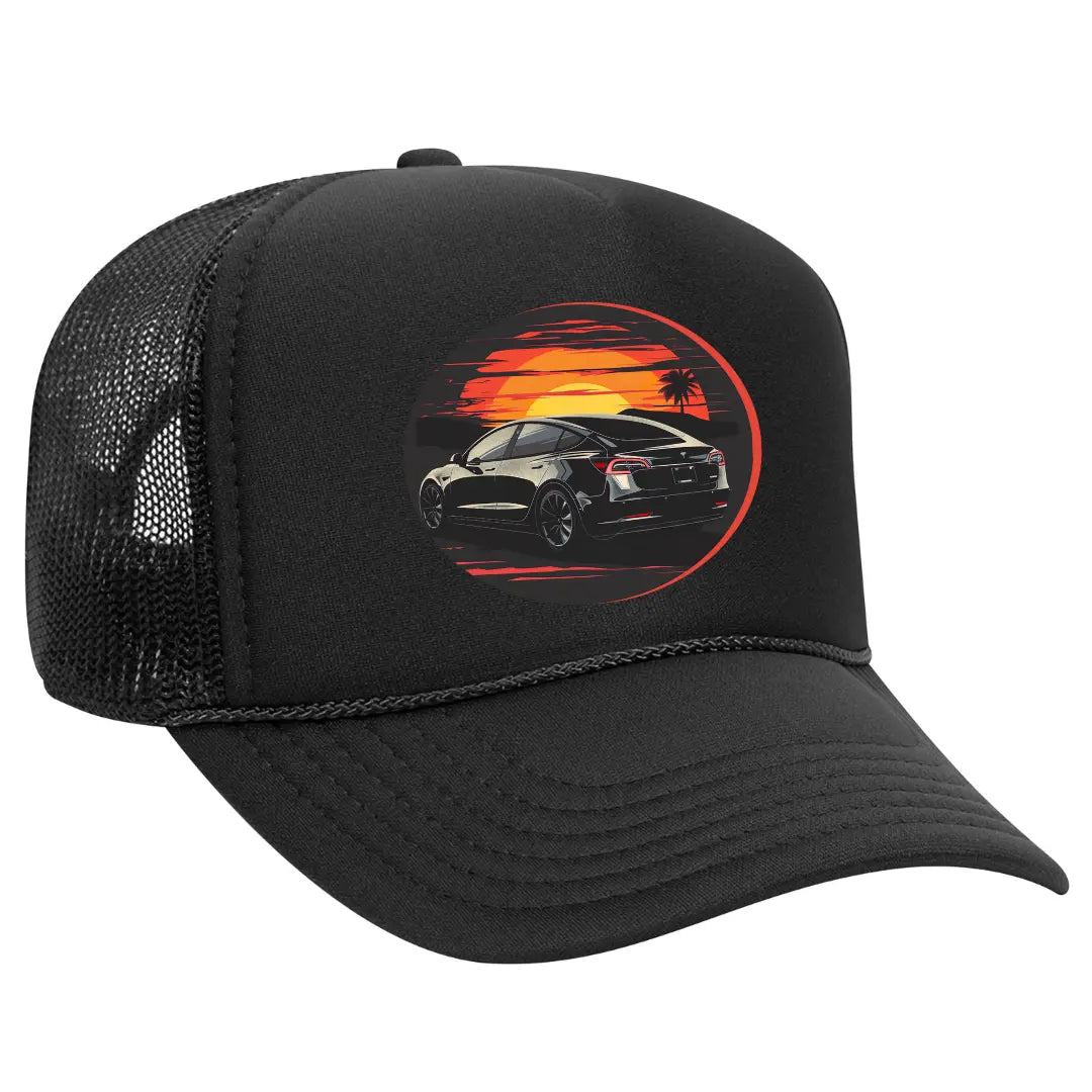 Stylish Black Trucker Hat for Tesla Model 3 Enthusiasts - Black Threadz