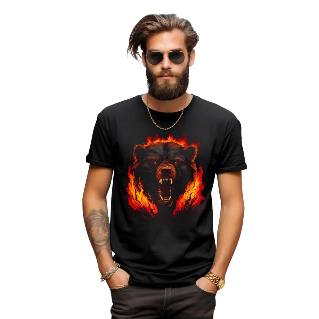 Bear Roaring Through Fire T-Shirt: Embrace the Wild - Black Threadz