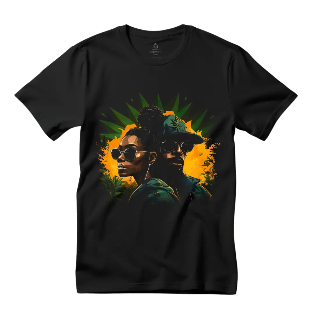 Black Couple Cannabis Paradise T-Shirt: Embrace Style and Togetherness with this Unique Tee - Black Threadz