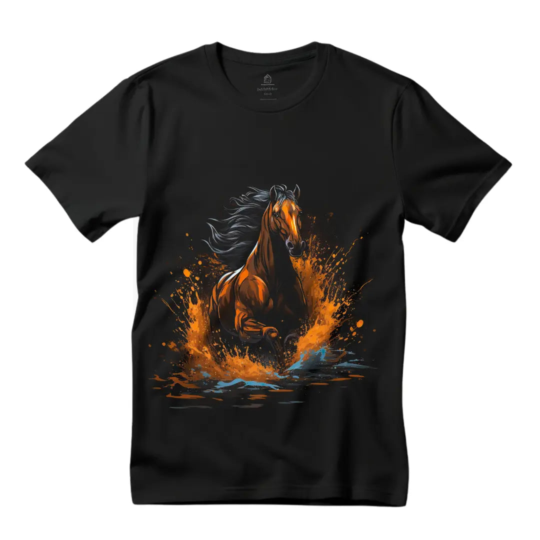 Horse Running Through Water T-Shirt: Embrace Majestic Beauty in Motion - Black Threadz