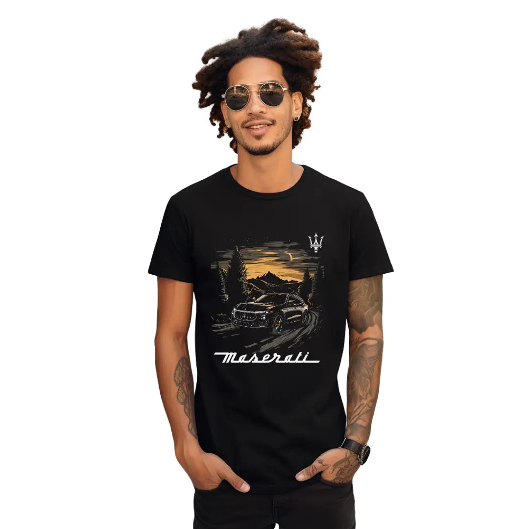 Sleek Style: Black Maserati Levante at Dusk T-Shirt - Black Threadz