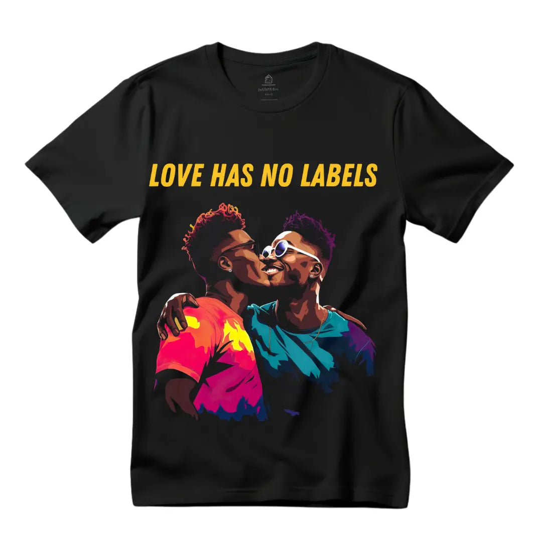 Love Has No Labels: Embraced Black Gay Couple T-Shirt - Black Threadz