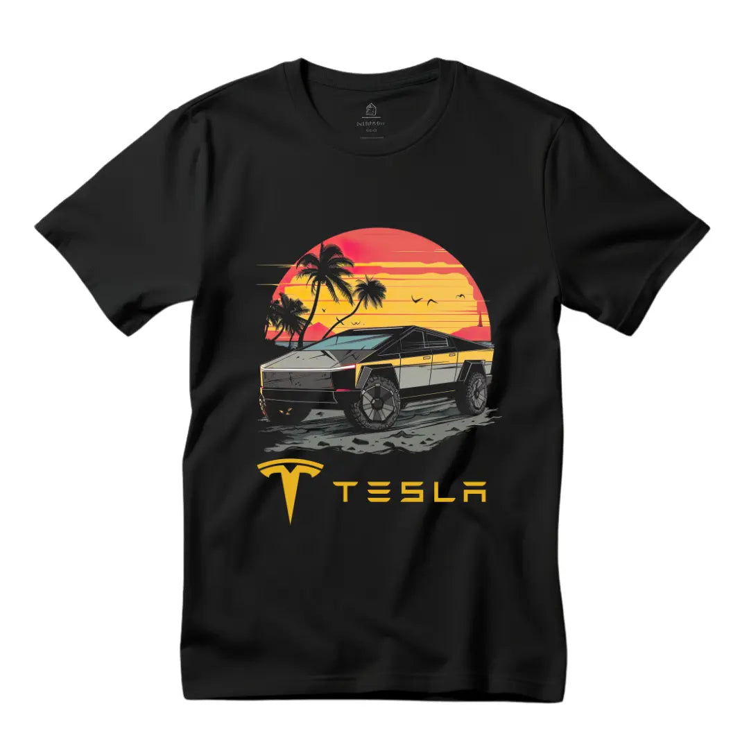 Cybertruck Beach Scene Tee - Stylish Electric Vehicle Design on Premium Black Shirt - Black Threadz