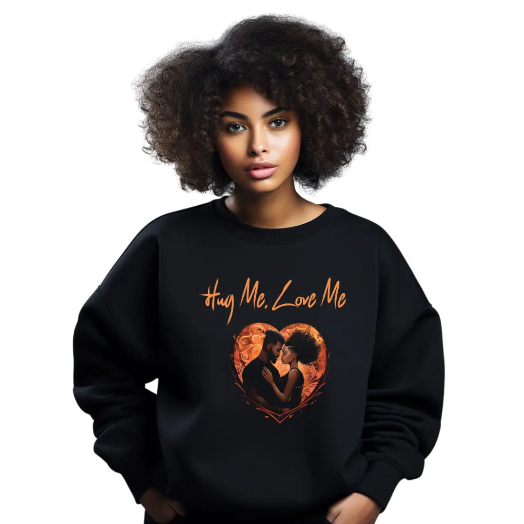 Hug Me, Love Me: Embraced Black Couple Valentine's Day Sweatshirt for a Heartwarming Celebration - Black Threadz