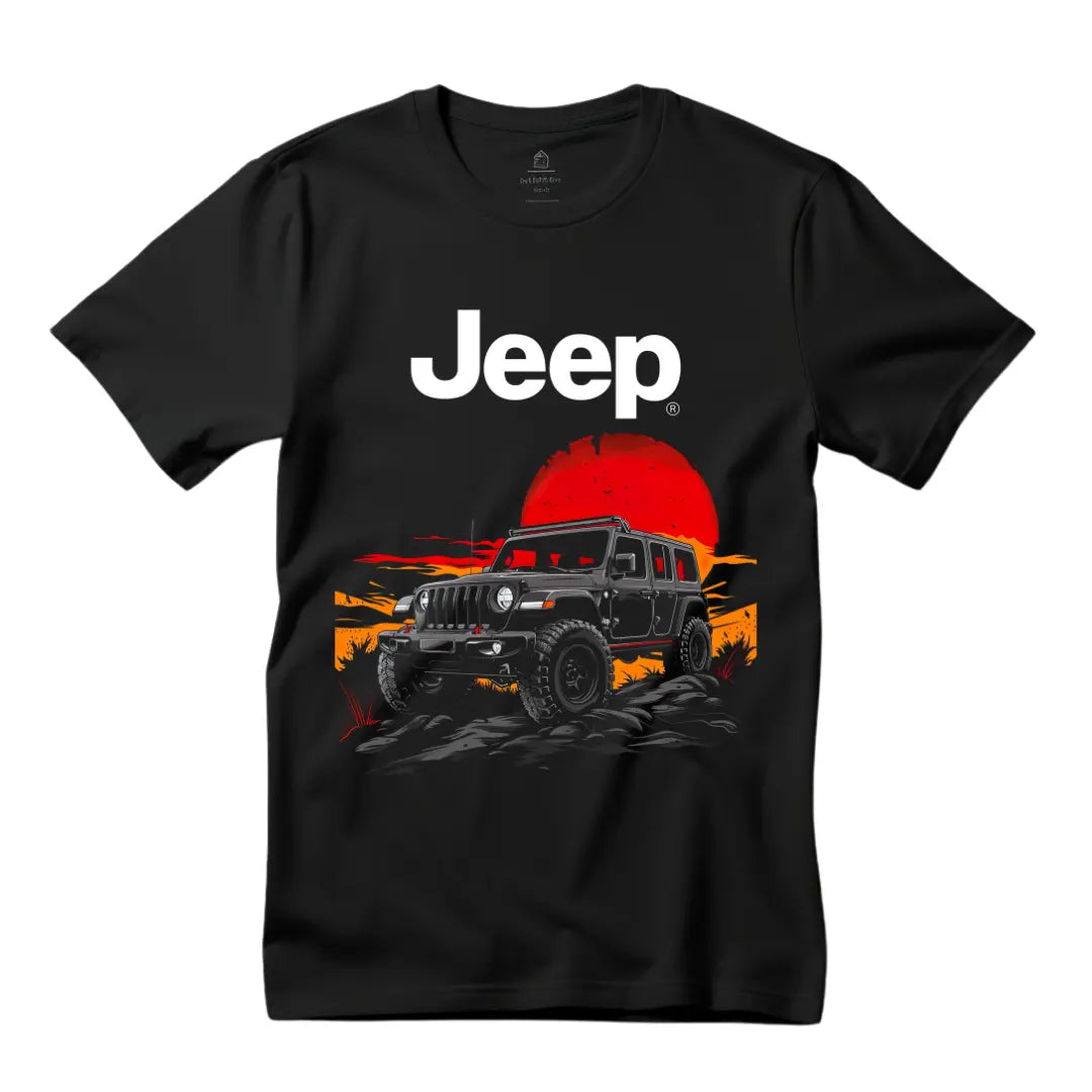 Wrangler Sunset Silhouette T-Shirt - Premium Black Tee with Iconic Off-Road Vehicle Design" - Black Threadz