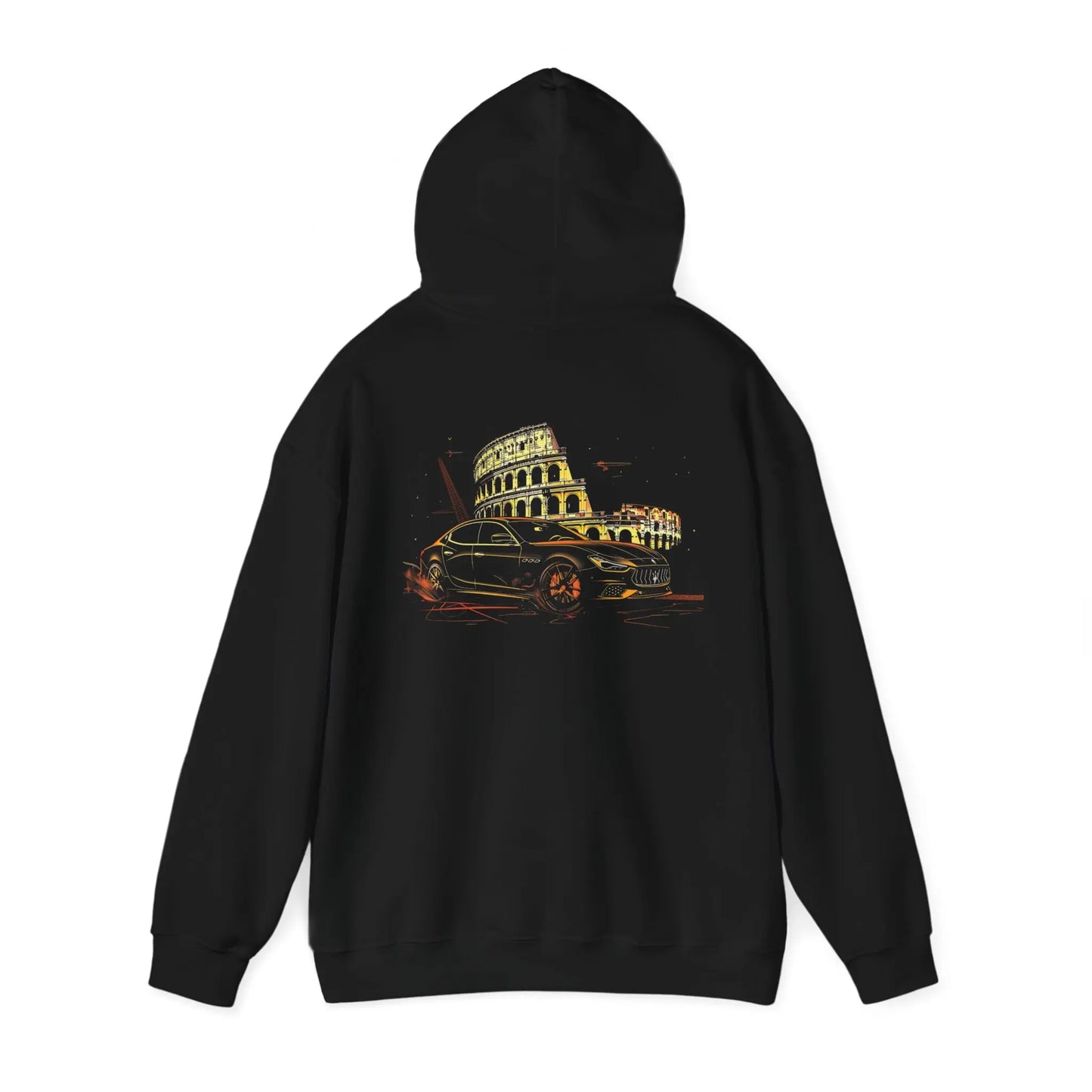 Iconic Elegance: Black Maserati Ghibli Hoodie at the Colosseum - Black Threadz