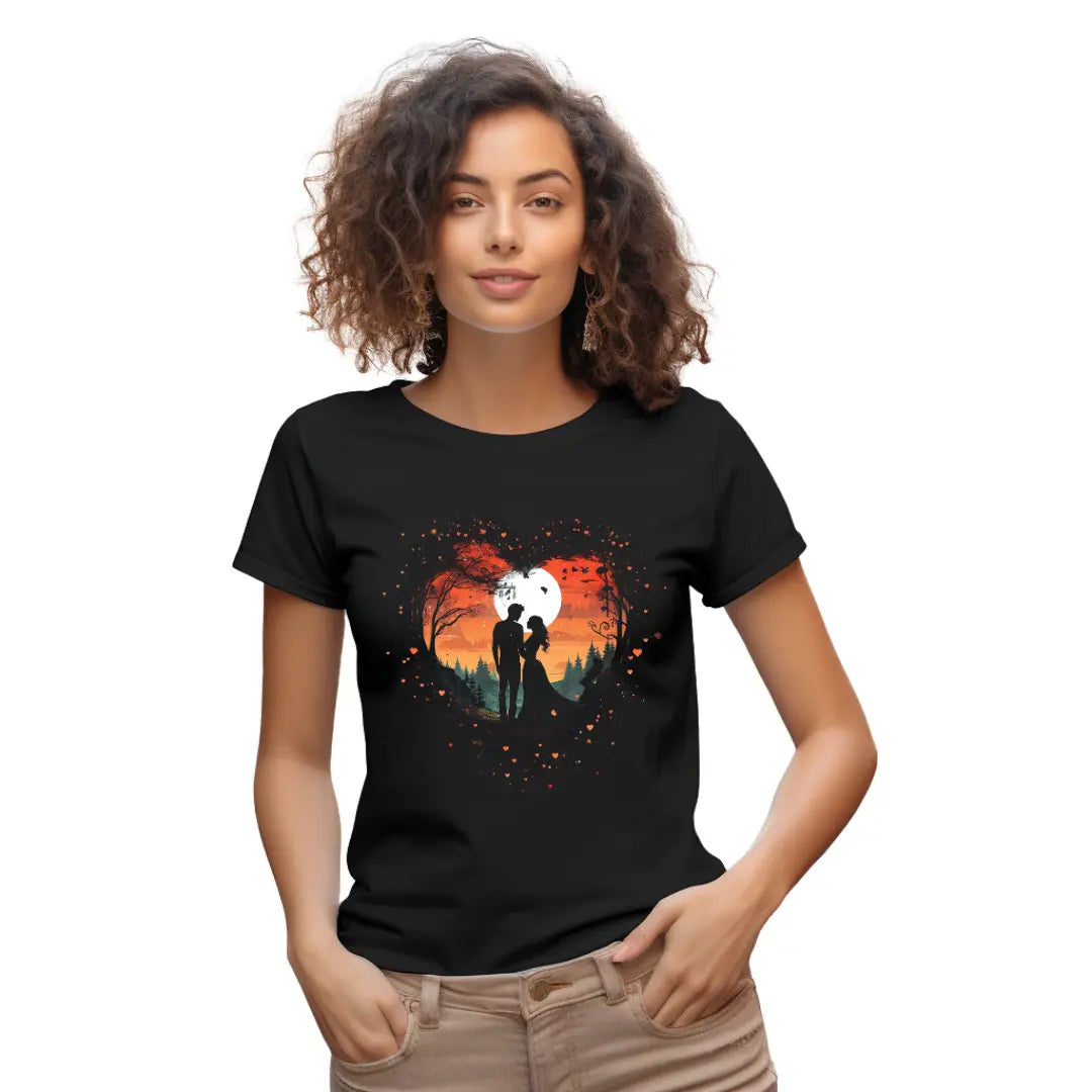 Heartfelt Embrace at Sunset: Valentine's Day Couple T-Shirt with Romantic Design - Black Threadz