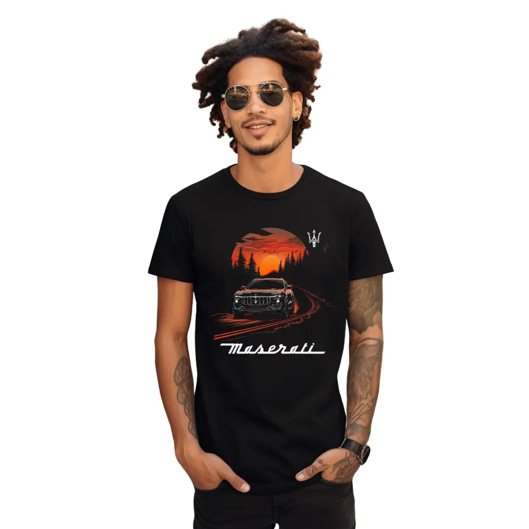 Sleek Style: Black Maserati Levante At Dusk Black T-Shirt - Black Threadz