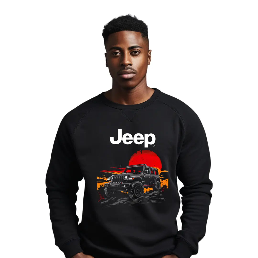 Wrangler Sunset Silhouette Sweatshirt - Premium Black Tee with Iconic Off-Road Vehicle Design - Black Threadz