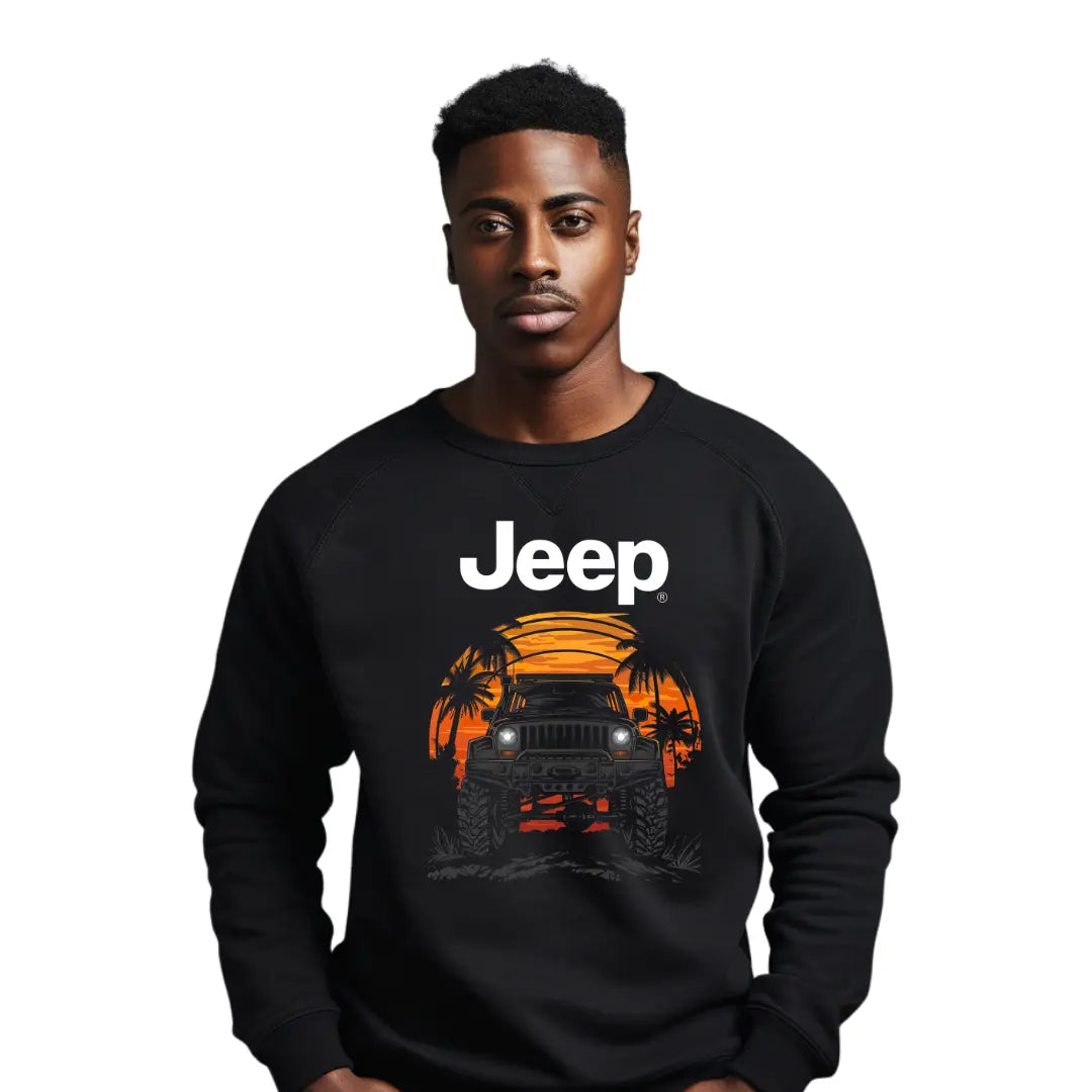 Lifted Wrangler Sunset Silhouette Premium Black Sweatshirt with Iconic Off-Road Vehicle Design" - Black Threadz