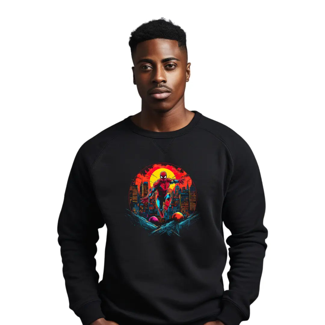 Spiderman Swinging Through the City Sweatshirt: Embrace Superhero Style - Black Threadz