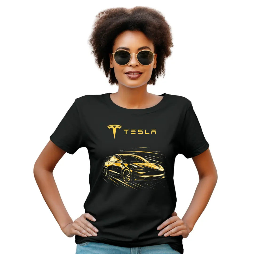 Golden Elegance: Tesla Model 3 in Gold T-Shirt - Black Threadz