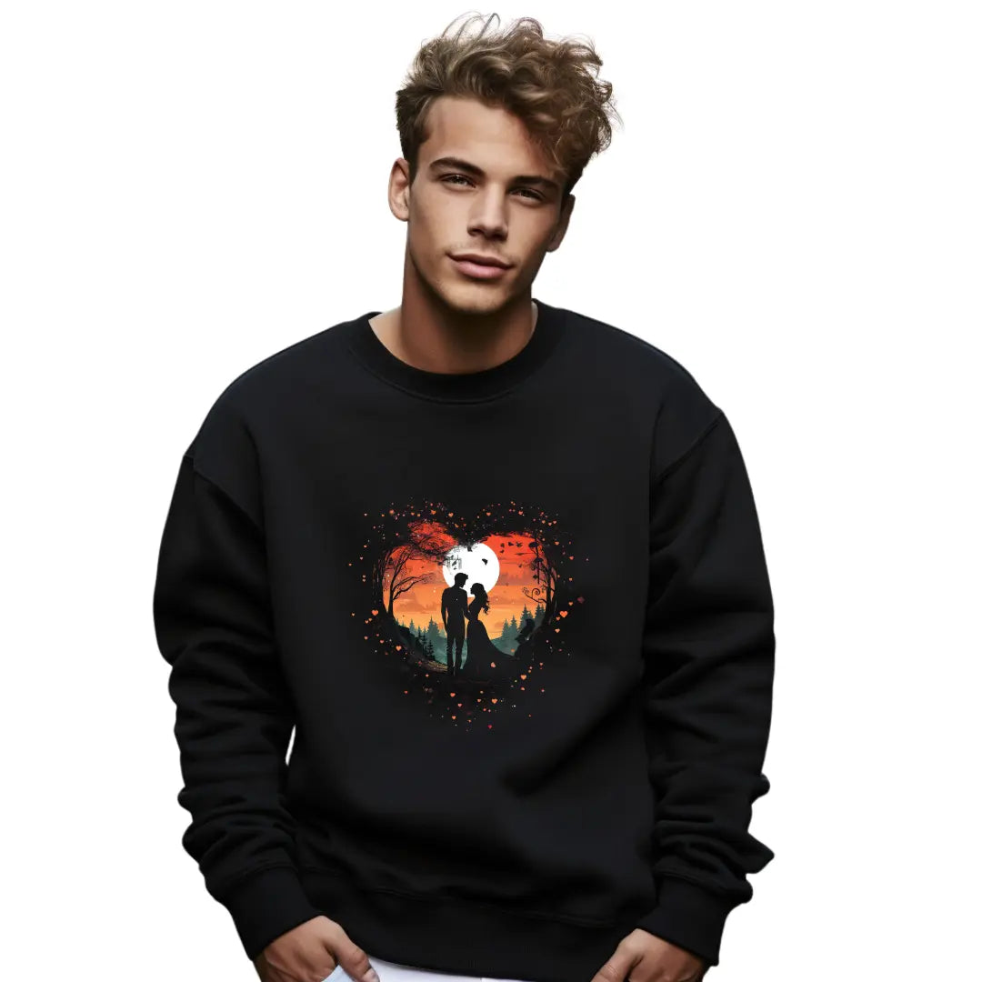 Heartfelt Embrace at Sunset: Valentine's Day Couple Sweatshirt with Romantic Design - Black Threadz