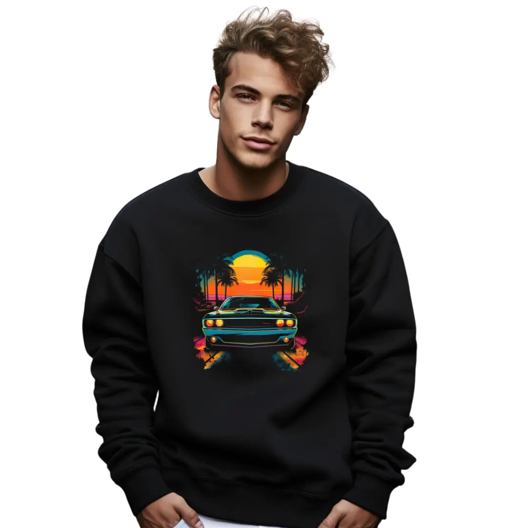 Dodge Challenger Sunset Black Sweatshirt - Legendary Muscle Car Design - Black Threadz