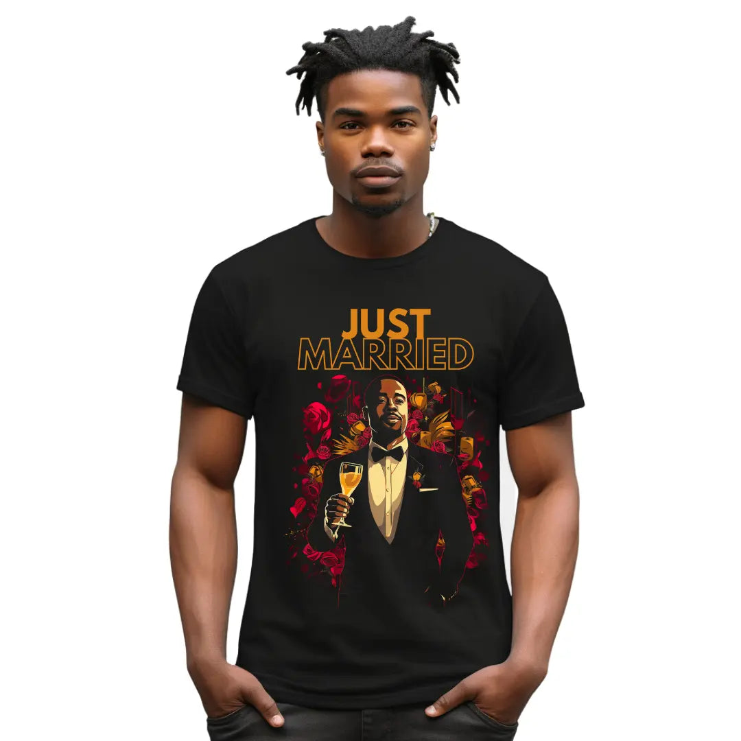 Just Married: Celebrating Love T-Shirt - Featuring a Black Groom - Black Threadz