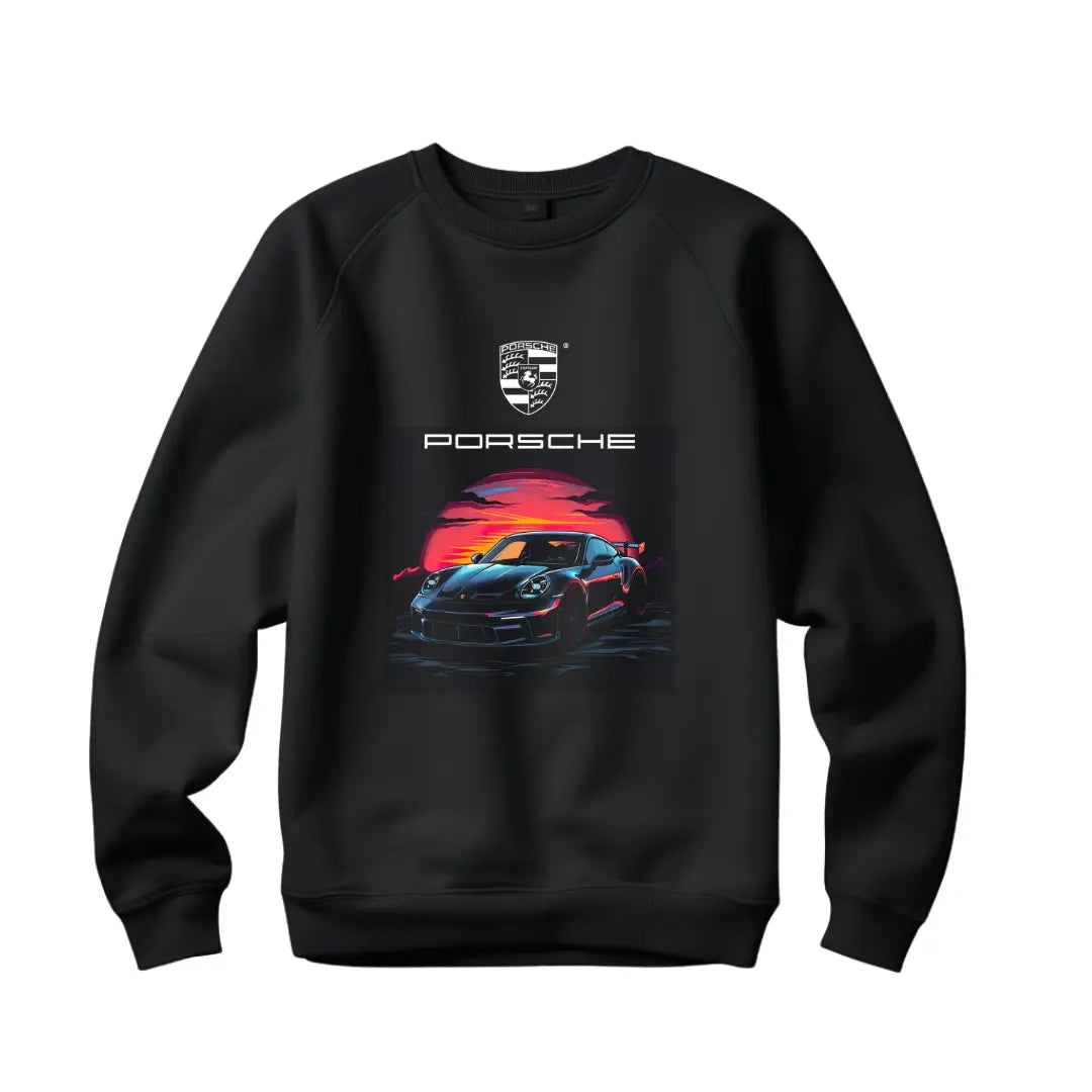 911 Sunset Silhouette Sweatshirt - Stylish Black Top with Iconic Sports Car Design - Black Threadz
