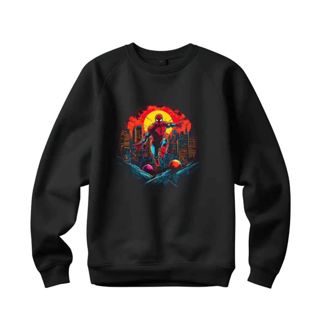 Spiderman Swinging Through the City Sweatshirt: Embrace Superhero Style - Black Threadz