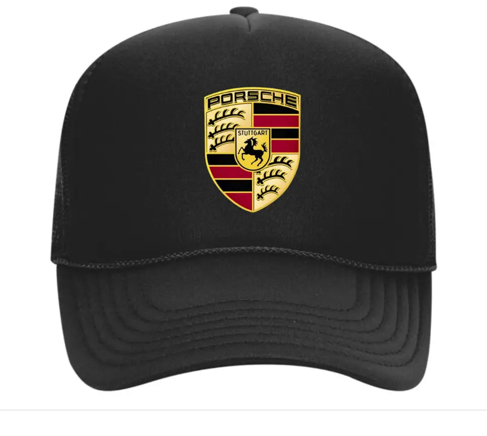 Speed and Style: Porsche Black Trucker Snapback Hat - Black Threadz