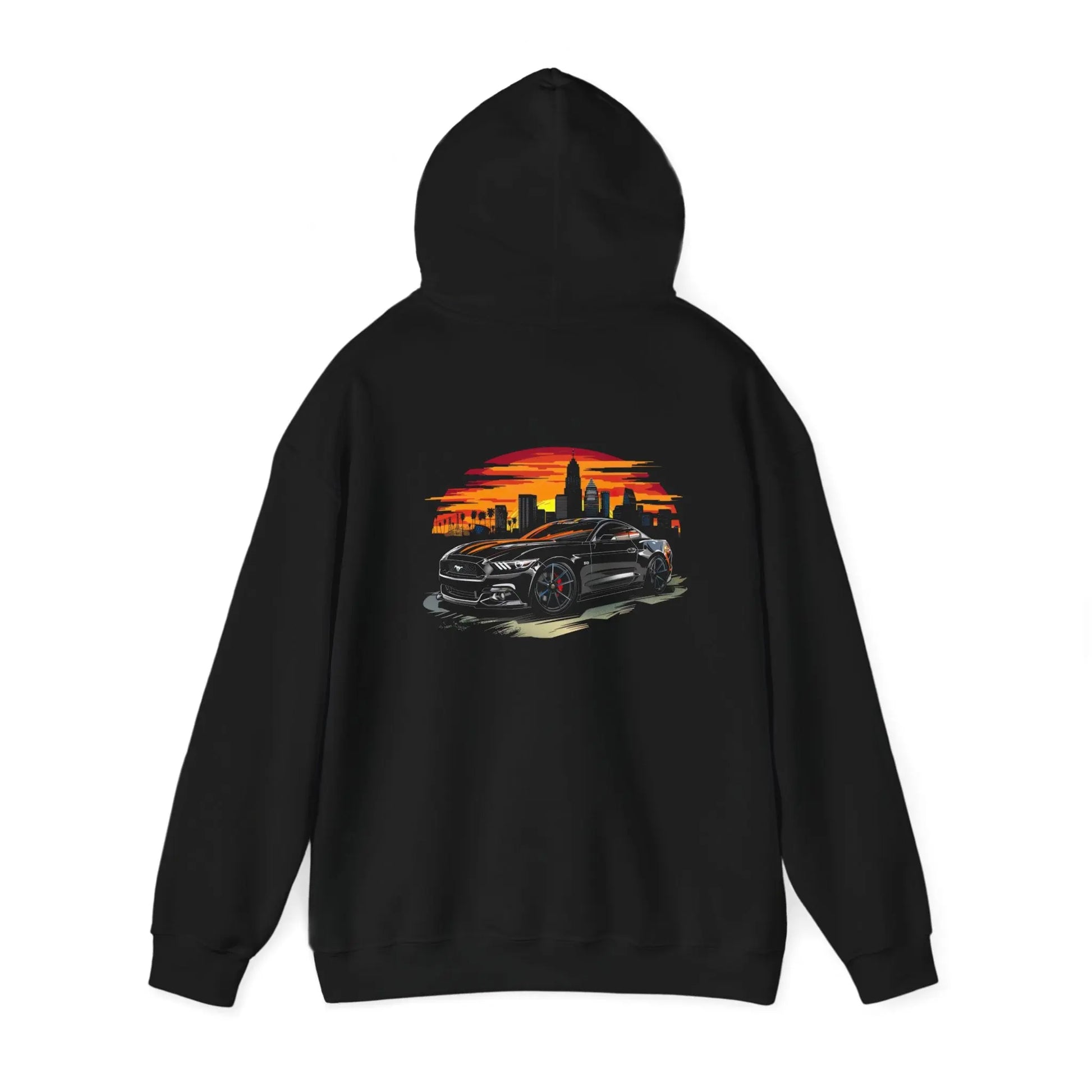 Urban Elegance: Black Ford Mustang in the City - Black Hoodie - Black Threadz