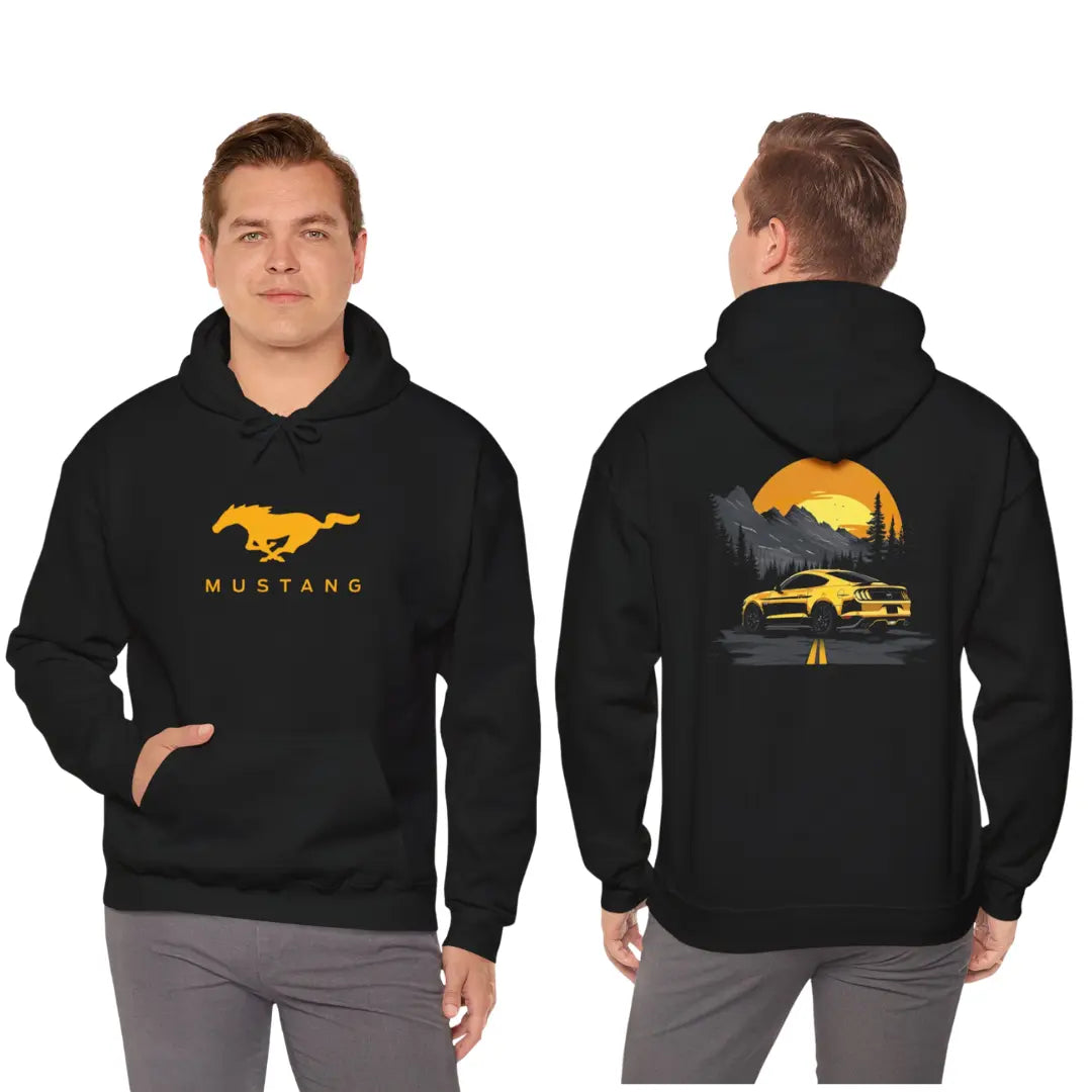 Sleek Style: Yellow Ford Mustang Roadside Black Hoodie - Black Threadz