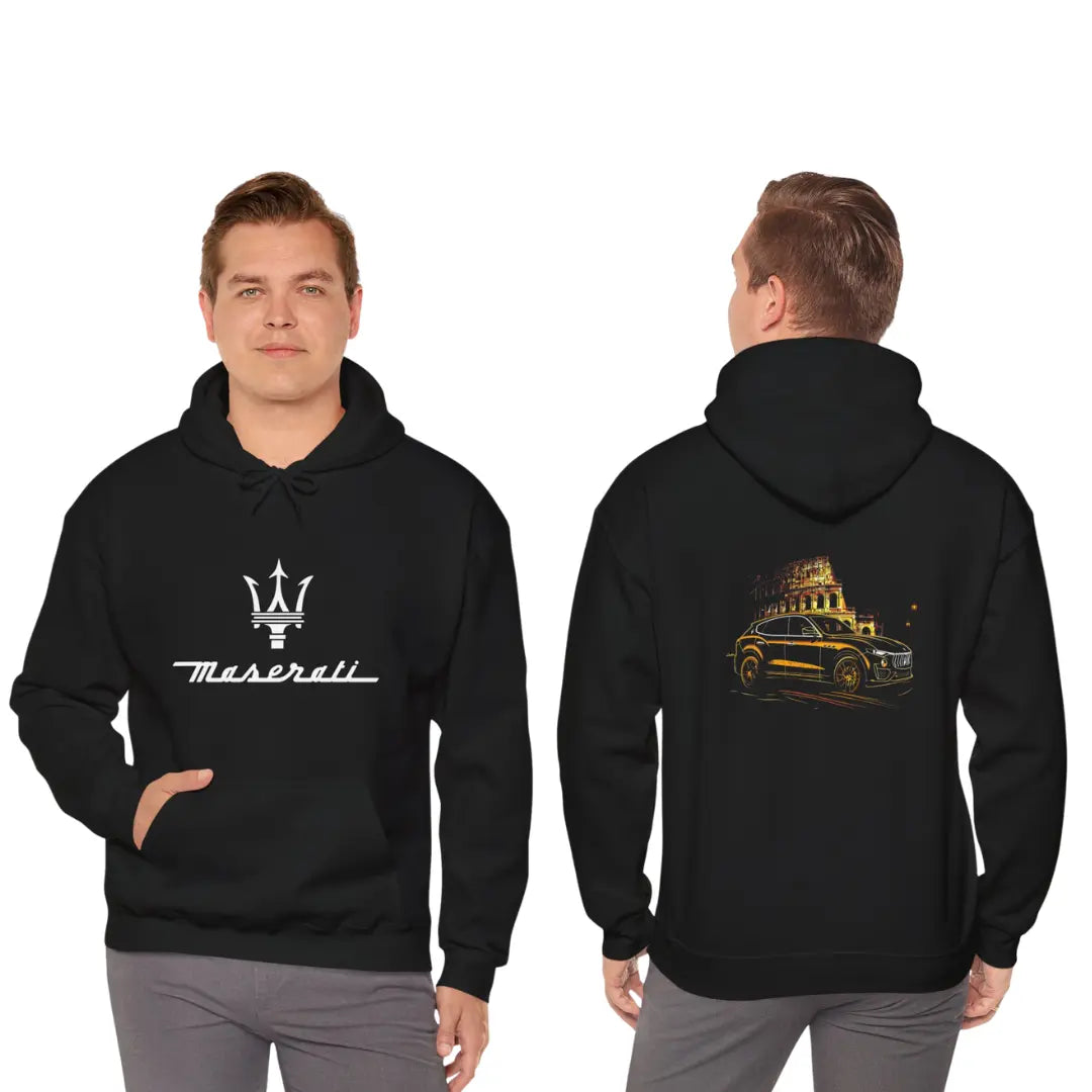 Iconic Elegance: Black Maserati Levante Hoodie at the Colosseum - Black Threadz