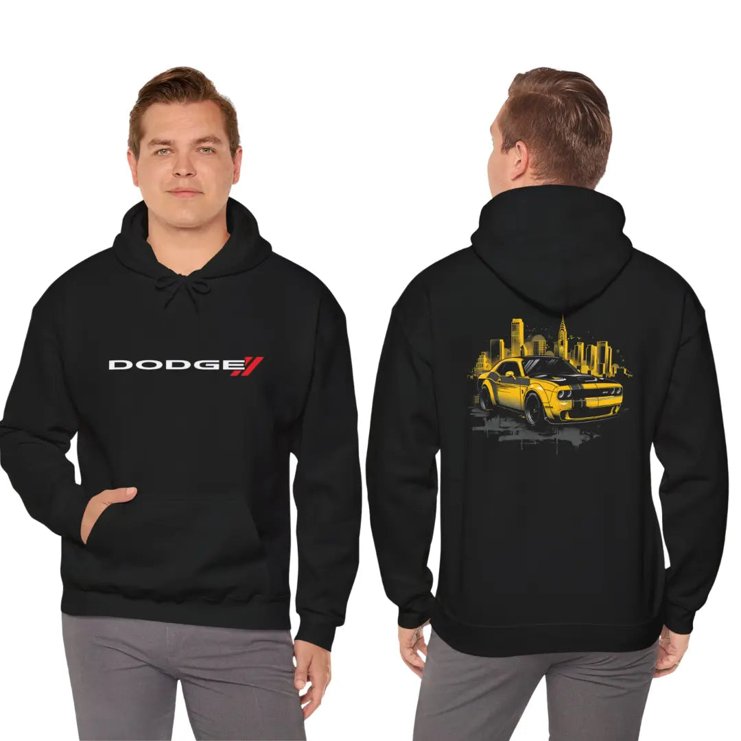 Urban Elegance: Yellow Dodge Challenger Cityscape Black Hoodie - Black Threadz