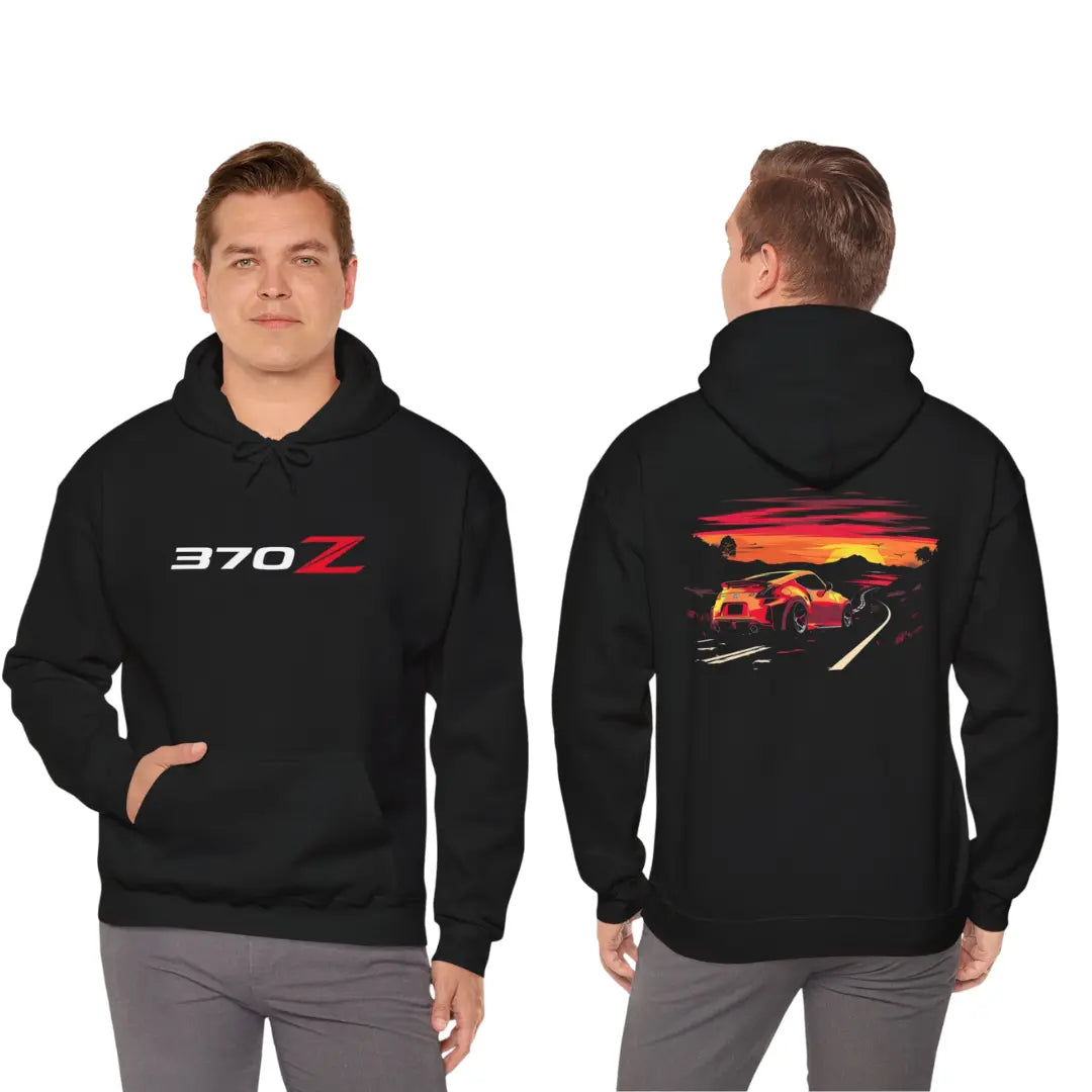 Sleek Sunset Drive: Nissan 370Z Black Hoodie - Black Threadz